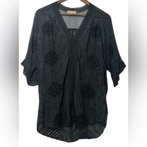 Language SILK Semi-Sheer Black Embroidered Crochet Kimono Sleeve Tunic Top Sz Md